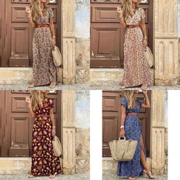 Designer Women's Summer Dress Fashion Bohemian V-neck Floral Elegant Beach Maxi Dresses for Woman Robes Vestidos Ladies Vacation Holidy Skirt es