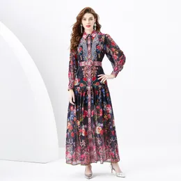 Designer Vintage Floral Maxi Cocktail Dress Black Elegant Women Button Botão Longa Cardigan Cardigan Dresses Resort Ladies Belt Printed Casual Beach Party Robes 2024