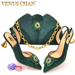 Sandals 2022 Newest Fashion Noble Green Color Party Wedding Ladies Shoes and Bag Set Decorated with Rhinestone High Heel Pointe Shoes