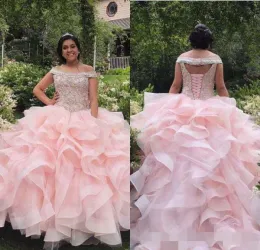 Pink Rüschen Quinceanera Kleider Luxus Perlen von der Schulter Mitte Sweet 16 Geburtstagsfeier Festzug Ballkleid formelle Abendkleidung