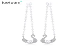 LUOTEEMI Trendy Dualuse Swan Dangle Earrings with CZ Stone And Imitation Pearl Beaded Drop Earring For Women Valentine Gift3732755