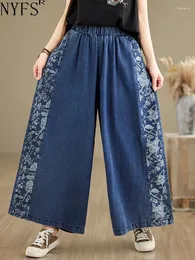 Jeans da donna NYFS 2024 Corea estiva Patchwork Donna sciolto Plus size pantaloni elastici ricamati pantaloni a gamba in denim