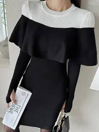 Sıradan elbiseler Sonbahar Kış Örme Siyah ve Beyaz Birleştirme Kadınlar için Sweater Sıska Elbise Mujer Vestidos Esnek Giysiler