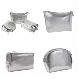 Cosmetic Bags 1PC Korean PU Leather Shell Makeup Bag Silver Color Rectangle T Shape Handbag Storage Solid