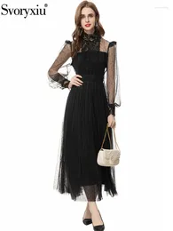 Vestidos casuais Svoryxiu Fashion Runway Party Summer Summer Party Black Dress Long Dress Long Lace Stand Collar High Waist Net Yarn Big Swing