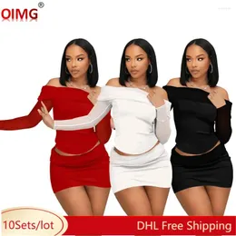 Work Dresses 10 Wholesale Summer Mesh Skirt Sets Women Long Sleeve Slash Neck Shirt Top Bodycon Mini Two Piece Casual Outfits 165