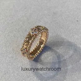 High End smycken ringar för VanCleff Womens V Gold Plated Quality Kaleidoscope smal ring för kvinnor med diamantpärlor kant Lucky Grass Original 1: 1 med riktig logotyp