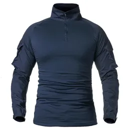 Mens Long Sleeve Army Combat Shirt 1/4 Zipper Ripstop Cotton Military Tactical Shirts Navy Blue Camoufalge Airsoft T Shirts 240410