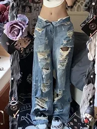 Mulher rasgada jeans jeans denim folgado cintura baixa perna tie tinge zipper ripped hole casual Design High Street 240322