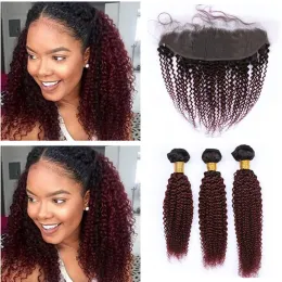 Weaves Wine Red Burgundy Ombre Brazilian Kinky Curly Hair Bundles with Lace Frontal Closure #1B/99J Dark Roots Burgundy Wavy Virgin Human