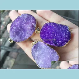 ルーズジェムストーンファッション6PCSゴールドメッキ紫色の自然Quartz Druzy Geode Pendant Drusy Crystal Gem Stone Connector Beads Jewelry Find Ote1i