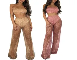 Sexy Club Wear Women Sequin Two Piece Bating Set Tearts Bling Bling Sheer Crop Top Top Top Long Pants Sets Pink Gold S2XL6317496