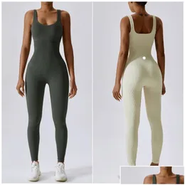 Joga strój LL-6848 Women Jumpsuits stroje bez rękawów bliskie kombinezony taneczne długie spodnie oddychające legginsy śrubowe nici Mater dhiq8