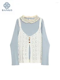 قمصان رايز للسيدات على غرار الأسلوب 2 قطعة مجموعة Gyaru Tees Blue Fashion Chic Simple Daily Lace Vest