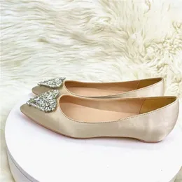 Casual Shoes Summer Pointed Elegant Banquet Silk Satin Rhinestone Light Champagne Small Fragrance Flat Sole Single Shoe