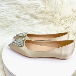 Casual Schuhe Sommerspitze elegantes Bankett Seiden Satin Strass und Leichter Champagner kleiner Duft flacher Einzelschuh