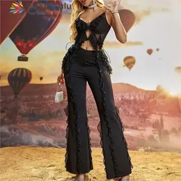 Kvinnors tvådelar Pants Edglulu Chic 2 Outfit Set Design Camisole Bh Top High midja Drawstring Lace-Up Flare Black Mesh Suit 0320