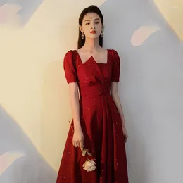 Ethnic Clothing Burgundy Short Sleeve Evening Dress Elegant Square Neck Prom Gowns Formal Party Bride Toast Vestido De Festa