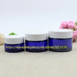 Garrafas de armazenamento 20g 30g 50g Jarra de vidro azul com pálpebra de plástico branca Creme de olho cosmético pode mascarar o recipiente de loção facial da panela