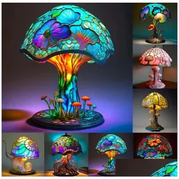 Objetos decorativos Fatuetas Série de vegetais de vitrais retrô luminárias de mesa Colorf Flor Flor Cogumelo criativo Lâmpada noturna Bedro de cama Dhoyk