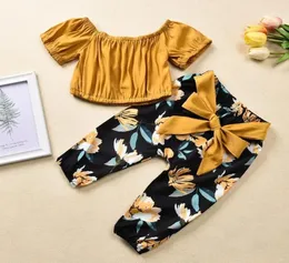 Kleinkind Kids Girl Kleidungsstücke Blumen von Schulterernte Tops Bogen Shorts Outfit Sunsuit 2pcs Freizeit Sommerkleidung Set 202011081329