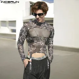 Men's T Shirts INCERUN Irregular Shirt Print Mesh Patchwork Turtleneck Long Sleeve Men Clothing 2024 Sexy Transparent Fashion Camisetas