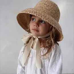 Wide Brim Hats Children Hepburn Wind Straw Hat Ins Sweet Girls Lafite Grass Weaving Beach Sun Child UV Sunscreen Cap Summer Accessories