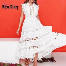 Casual Dresses RoseDiary Summer Designer Runway Fashion Embroidery Hollow Out A Line Maxi Long Vestidos Sleeveless Elastic Waist Robes