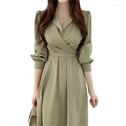 Casual Dresses 2024 Women's Dress Vestidos Korean Chic Elegant Flip Collar Cross Up Lace Bubble Sleeve Shirt Mid Length