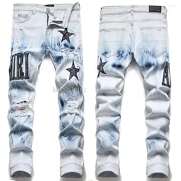 Designer European Letter Star Jean Men Borderyy Patchwork Ripped Trend Brand Motorcycle Pant Mens Skinny Jeans