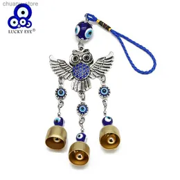 Keychains Lanyards Lucky Eye Alloy Owl Pendant Tassel Blue Turkish Evil Eye Bead Wall Hanging Wind Chimes Decoration for Home Living Room Car BE90 Y240417