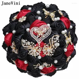 Kwiaty ślubne Janevini Vintage czarne czerwone satynowe bukiety ślubne dla perł w kształcie serca dhinstones panna młoda trzymająca Ramo de novia