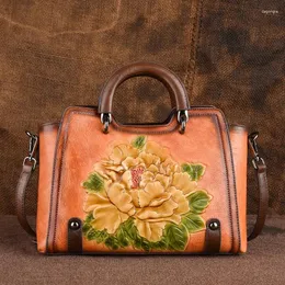 Bolsa Volasss Retro Genuíno de Couro Feminino para Mulheres Bola de grande capacidade Senhoras em relevo Floral Crossbody