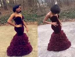 2019 Bourgogne Mermaid Prom Dresses Long Velvet Sweetheart African Arabic Pageant Party Wear Cheap Ruffles Open Back Evening Celebred1759364