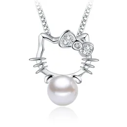 S925 Sterling Srebrny Śliczne urocze kotka Designer Naszyjniki Kobiety Luksusowe biżuterię Zwierzęta Cubic Zirkonia Pearl Czerwony czarny onyks Choker Naszyjnik łańcuch pudełka 45 cm