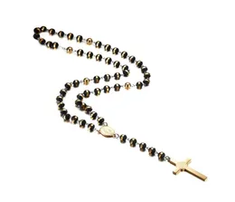 Meaeguet Black/Gold Color Long Rosary Necklace for Men Stainless Steel Bead Chain Pendant Women's Men's Gift Jewelry 418 Q26091785