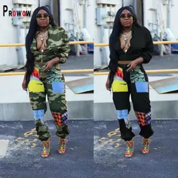 Damen zweisteuelhafte Hosen Prowow Tracksuits Reißverschluss Crop Coat Elastic Taille Pant Sporty Suits Camouflage Print Herbst Female Kleidung Set