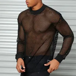 남자 T 셔츠 2024 섹시한 티셔츠 특별한 긴 슬리브 트렌드 옷 패션 짠 단단 메쉬 니트 중공 둥근 목 티 탑