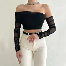 Women's T Shirts Clear Off Shoulder Chest Wrap Top Solid Color Off-the-Shoulder Long Sleeve Sexy T-shirt