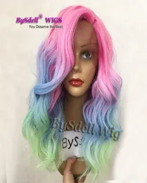 Nova chegada de comprimento curto comprimento médio onda corporal laca de renda frontal peruca colorida sereia arco -íris