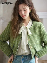 Jackets femininos Mislow French Pequeno jaqueta curta perfumada para mulheres 2024 Spring Round Pesh Neck Tweed Tweed Toca de fita adesiva Top verde emendado