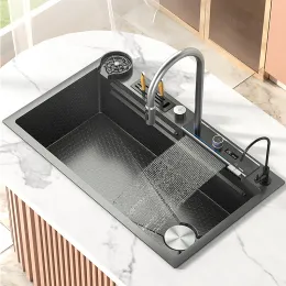 Sinks Stainless steel sink for kitchen sink smart black nano waterfall sink multifunction Washbasin large Dishwasher kitchen accessory