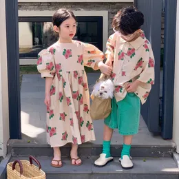 brother sister Sibling look bubble sleeve Girl dress boys loose clothes set Korean family matching outfits girls 240327