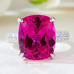クラスターリングvinregem 10 12 mm Ruby High Carbon Diamond Gemstone Vintage 925女性のためのスターリングシルバーリング結婚式の婚約ファインジュエリー