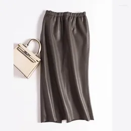 Skirts Fashion Genuine Leather For Women Sheepskin Elastic Waist Wrap Long Faldas Mujer Mid Length After Slit Ankle-Length