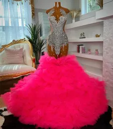 2024 Hot Fuchsia Mermaid Prom Dress O Neck Illusion Back Beaded Crystal Ruffles Tiered Evening Party Gowns Birthday Dresses Robe De Soiree Vestido Gala