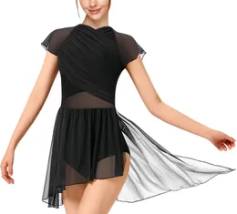 Stage Wear Women Dance Dress Flutter Sleeve Mesh Skirted Leotard Lyrical Costume Water-Drop Hollow Back