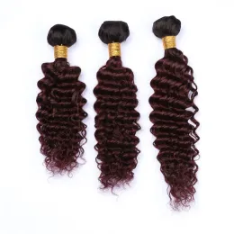 Schleifen Indianer jungfräuliche menschliche Haare Burgund Ombre Weave Wefts schwarze Wurzeln 3pcs #1b/99J Ombre Rotwein Tiefes lockiges menschliches Haar Bündel gemischt Le