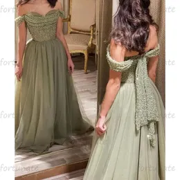Party Dresses Elegant Homecoming Sweetheart Off the Shoulder Green Tulle Long Glitter Sequins Beads Graduation Formal Prom Gown