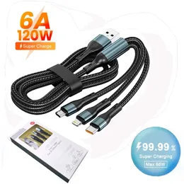 3 I 1 120W 6A Typ C Super Fast Charging Cable för iPhone 14 13 12 11 X Pro Max Micro USB Type-C Telefonladdare USB C Datakabel 1.2m/2m med detaljhandeln